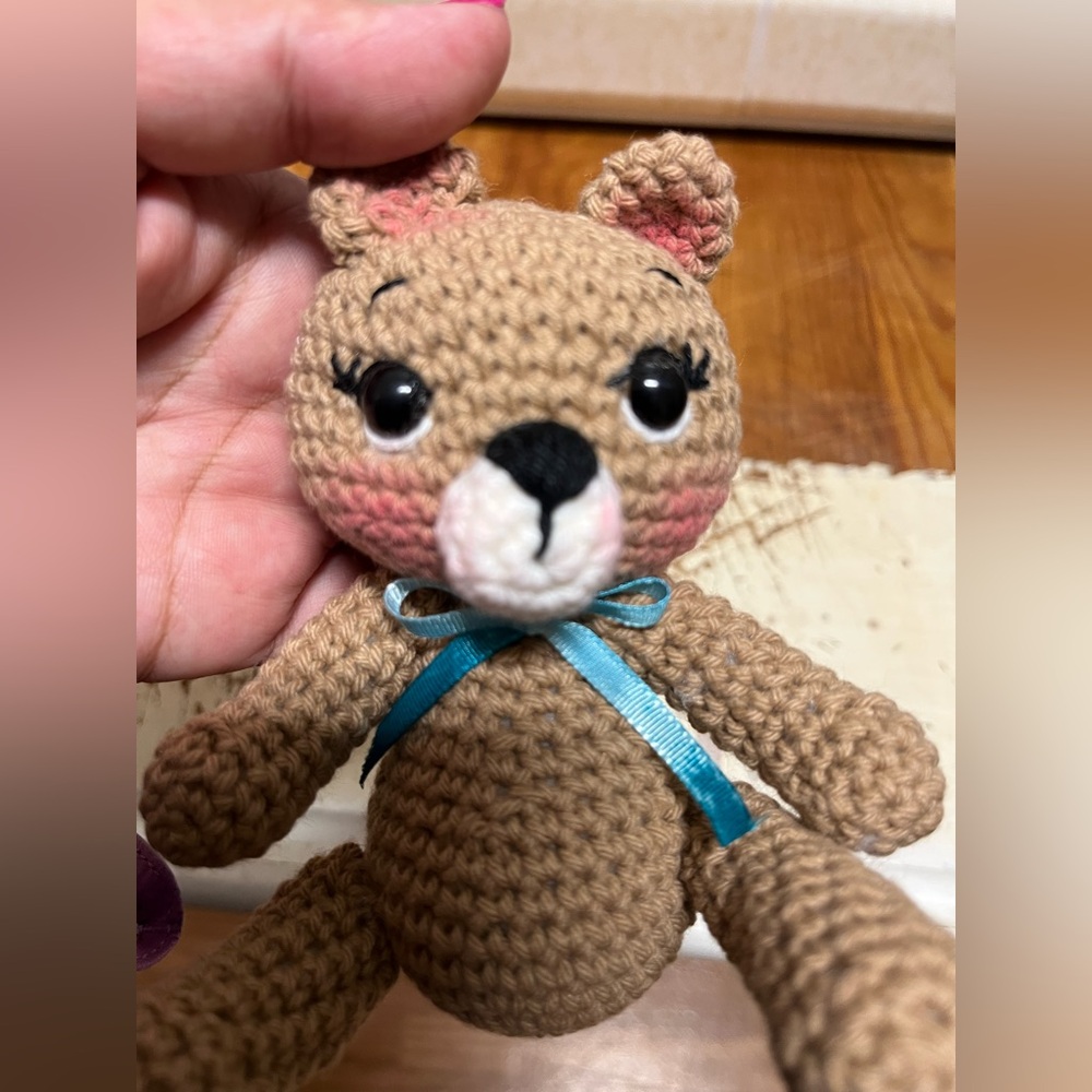Handmade Crochet Bear with Blue Bow - Picture 3 of 6